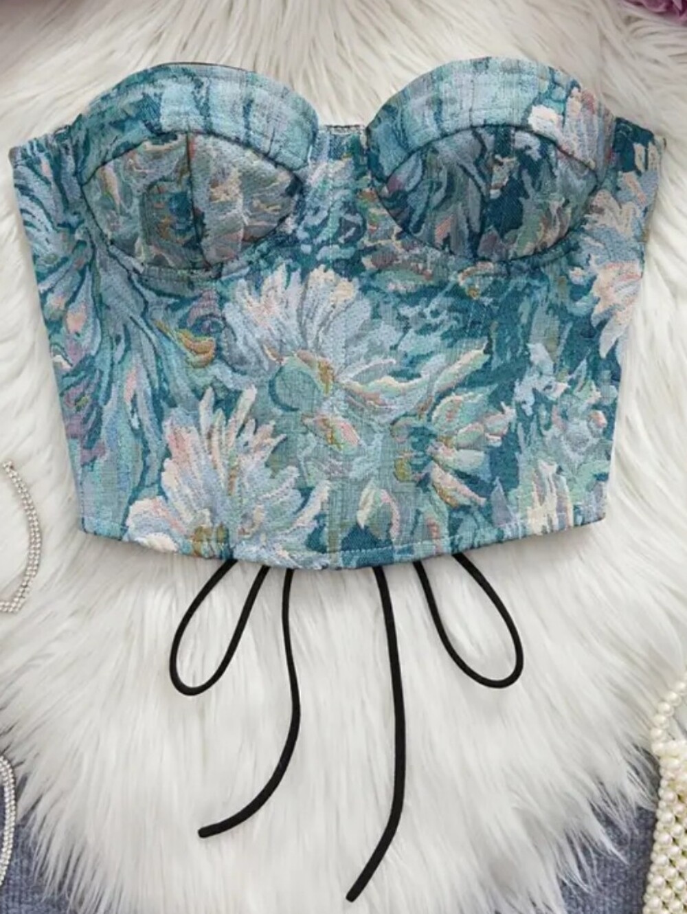 NEW Floral Strapless Corset Top in Teal & Blue - Picture 3 of 5